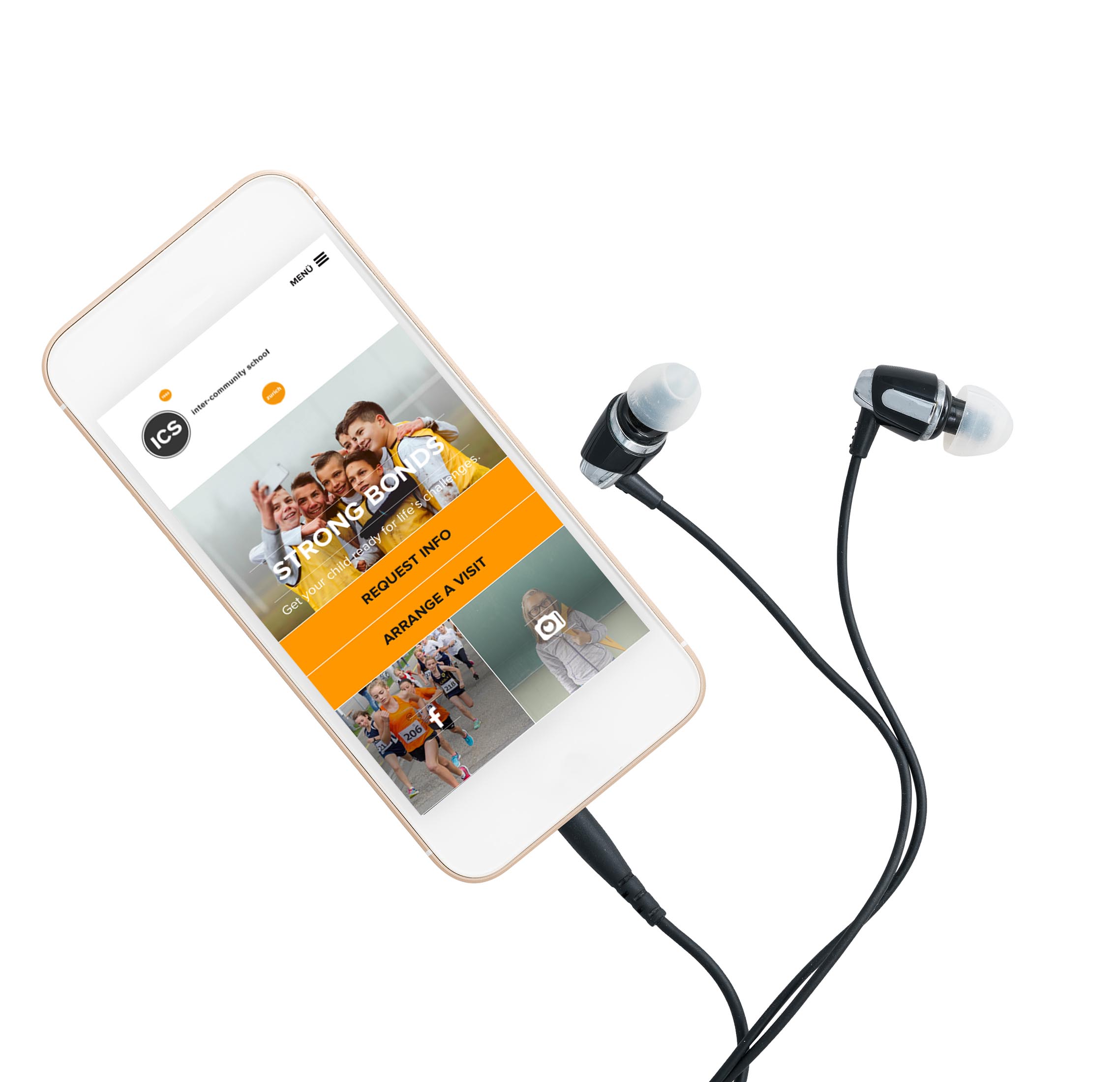 MP3 digital music player built into smartphone or mobile phone with earbuds isolated against a white background