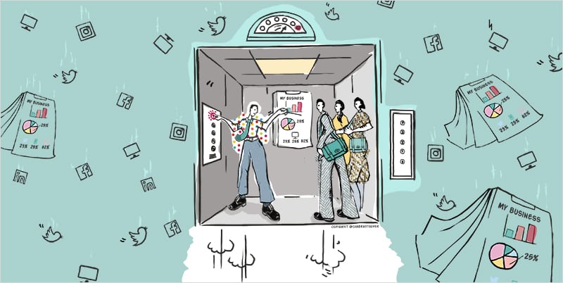Illustration by #sandrastaufer for Heads-up Coaching: 'Elevate your Elevator Pitch'