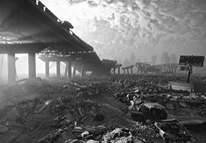 Ruins of a city. Apocalyptic landscape.3d illustration concept